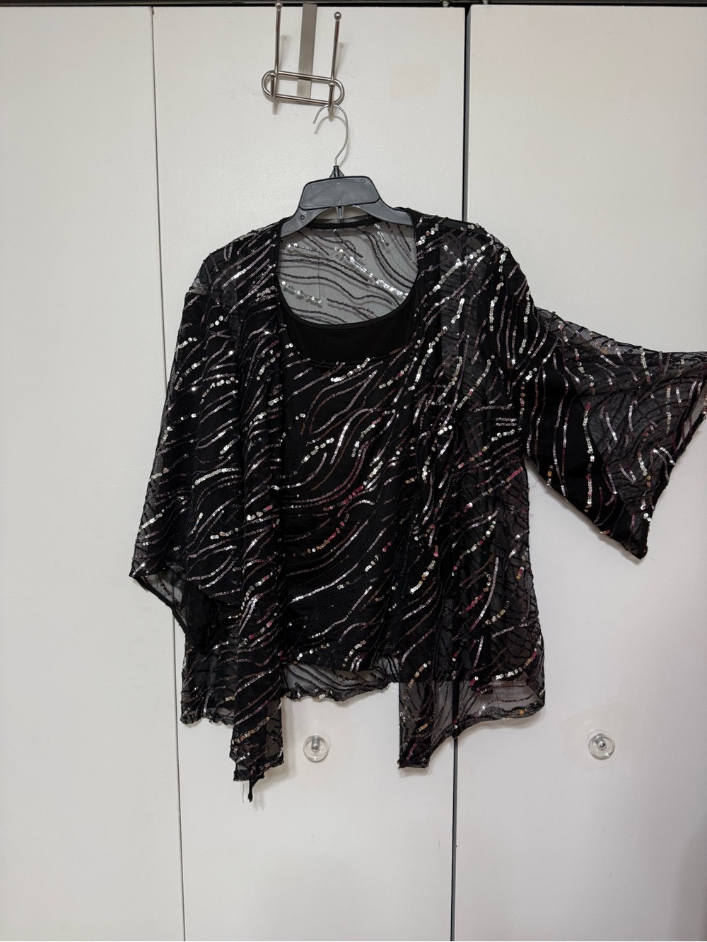 Black Sequin Sheer Overlay top and camisole 2 piece set